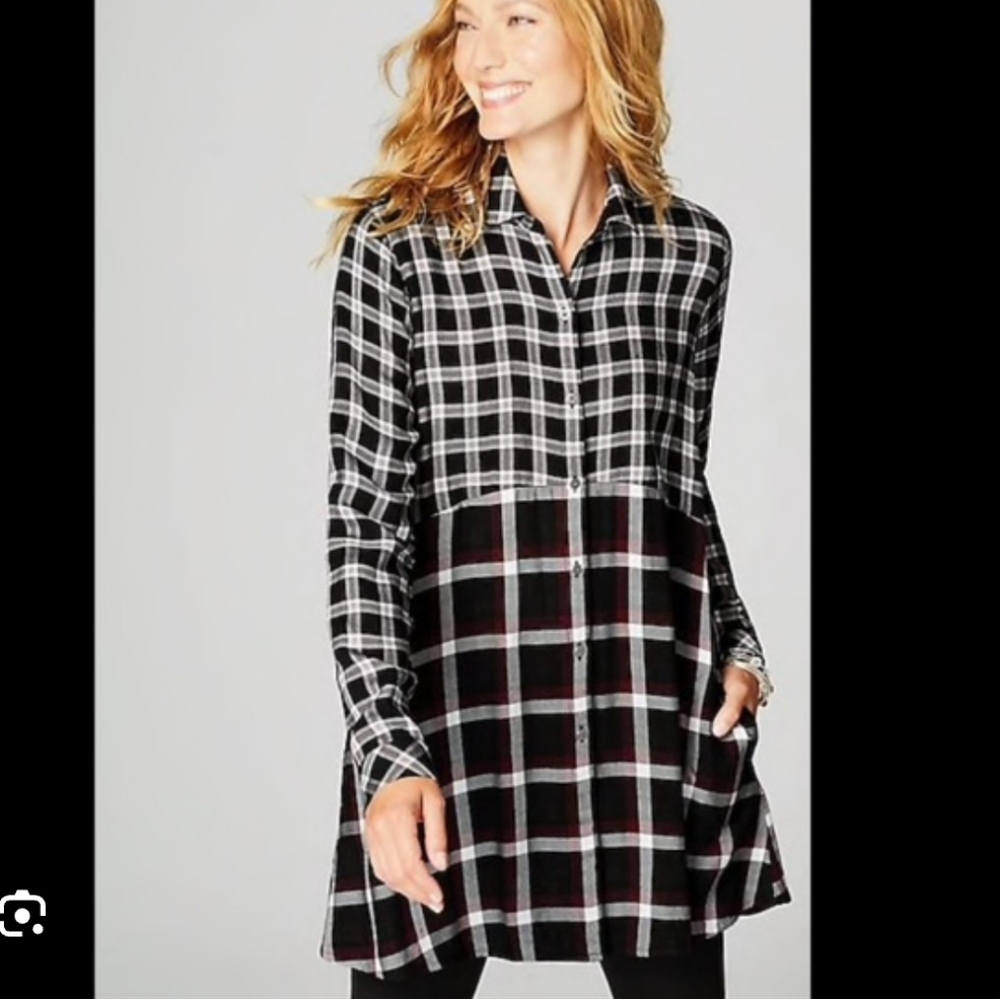 J Jill Rayon Mixed Print Tunic Top Dress Plaid Lagenlook Teacher Artsy Boho Fall